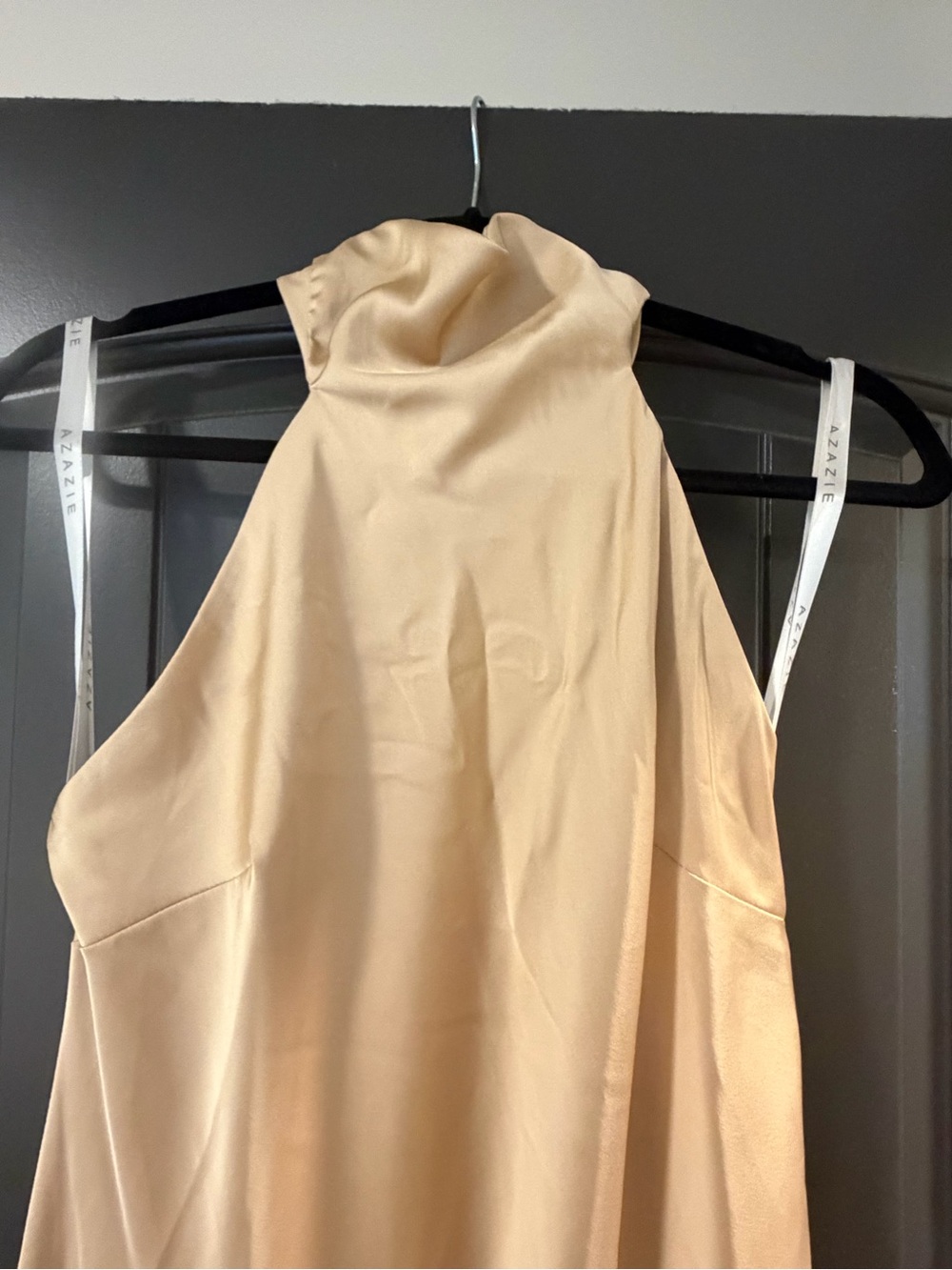 Azazie Satin High-Neck Maxi Dress in Champagne - Picture 8 of 9